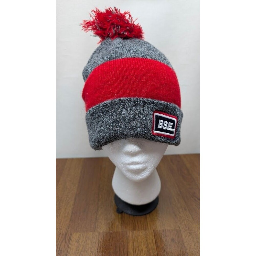 BSE Logo Pom Beanie Gray Red Knit Winter Hat Warm Soft Acrylic Unisex Adult